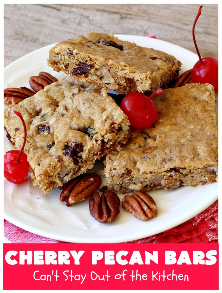 Cherry Pecan Bars | Can't Stay Out of the Kitchen | these crunchy bar-type #cookies are sensational. Perfect for backyard BBQs, potlucks, #tailgating or office parties or summer #holidays. #cherries #coconut #DriedCherries #pecans #brownie #dessert #CherryDessert #HolidayDessert #CherryPecanBars