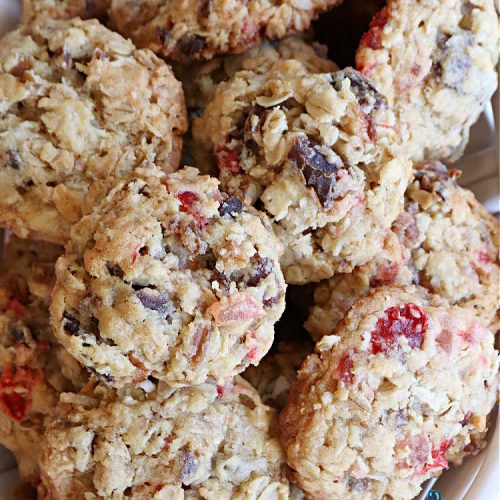 Cherry Pineapple Date Cookies | Can't Stay Out of the Kitchen | these festive & beautiful #OatmealCookies are fantastic for #holiday #baking & gift-giving. They include #pecans, #coconut, #CandiedCherries, #CandiedPineapple & #dates along with #AlmondExtract to increase the flavor. Absolutely delightful for a #ChristmasCookieExchange, #tailgating or office party or to enjoy the #HolidaySeason. #ParadiseFruit #dessert #CherryPineappleDateCookies