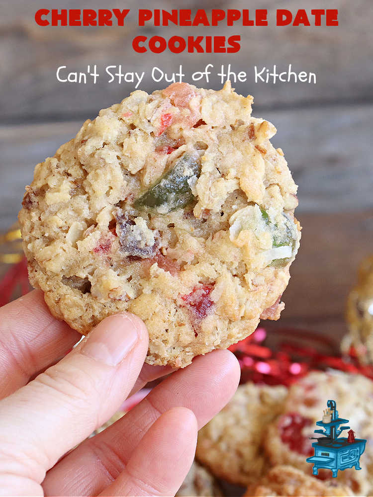 Cherry Pineapple Date Cookies | Can't Stay Out of the Kitchen | these festive & beautiful #OatmealCookies are fantastic for #holiday #baking & gift-giving. They include #pecans, #coconut, #CandiedCherries, #CandiedPineapple & #dates along with #AlmondExtract to increase the flavor. Absolutely delightful for a #ChristmasCookieExchange, #tailgating or office party or to enjoy the #HolidaySeason. #ParadiseFruit #dessert #CherryPineappleDateCookies