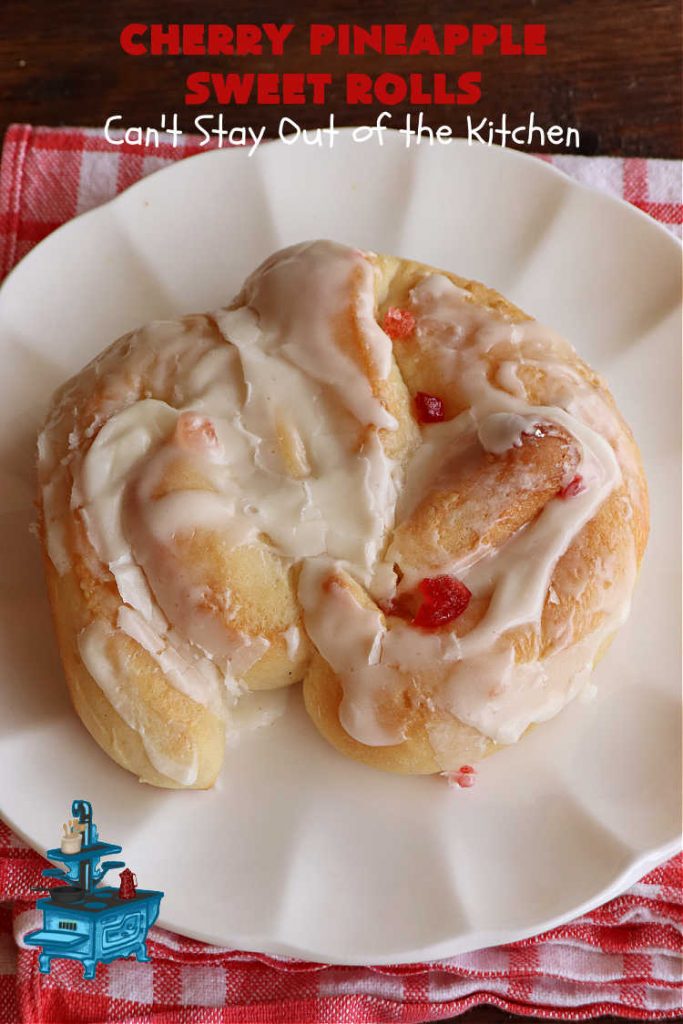 Cherry Pineapple Sweet Rolls | Can't Stay Out of the Kitchen | Prepare to drool over these luscious #SweetRolls. They're filled with a scrumptious #CherryPineappleFruitMix & glazed with a thick #almond icing that makes these #CinnamonRolls so rich and decadent you won't be able to resist them. Wonderful for #holidays or for a weekend or company #breakfast or #brunch. #cherry #pineapple #ParadiseFruit #CherryPineappleSweetRollsCherry Pineapple Sweet Rolls | Can't Stay Out of the Kitchen | Prepare to drool over these luscious #SweetRolls. They're filled with a scrumptious #CherryPineappleFruitMix & glazed with a thick #almond icing that makes these #CinnamonRolls so rich and decadent you won't be able to resist them. Wonderful for #holidays or for a weekend or company #breakfast or #brunch. #cherry #pineapple #ParadiseFruit #CherryPineappleSweetRolls