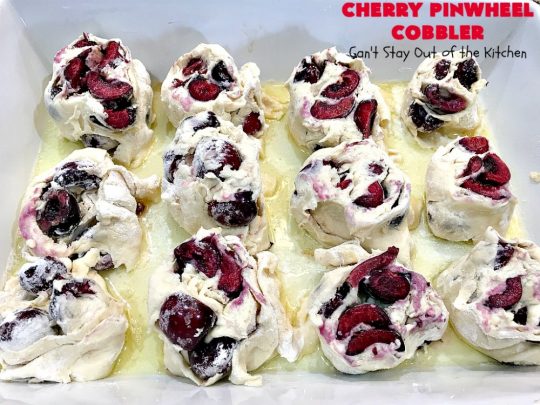 Cherry Pinwheel Cobbler | Can't Stay Out of the Kitchen | this awesome #dessert rolls up #almond flavored #cherries in #PieCrust. A syrup is poured over top before baking. Terrific #CherryDessert while #FreshCherries are in season. #cobbler #CherryCobbler #CherryPinwheelCobbler #Summer #SummerDessert #NorthwestCherryGrowers #NWCherries #Canbassador