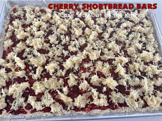 Cherry Shortbread Bars | Can't Stay Out of the Kitchen | These festive & beautiful #cookies are perfect for the #holidays. Whether a #ChristmasCookieExchange, #tailgating or office party, or #potluck, this #CherryDessert is fantastic & will be much enjoyed by all your family & friends. Great for #Thanksgiving, #Christmas or #NewYearsDay. #dessert #CherryPreserves #CherryShortbreadBars