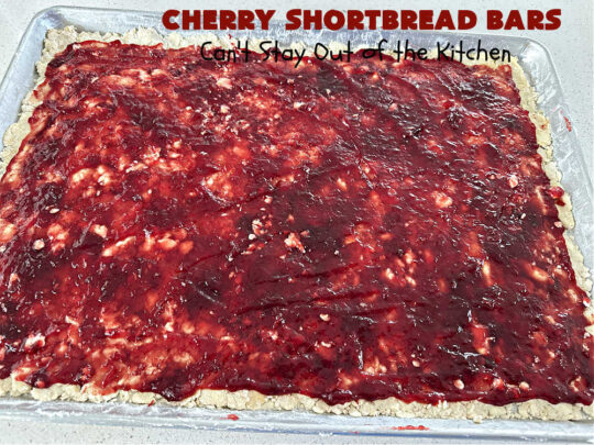 Cherry Shortbread Bars | Can't Stay Out of the Kitchen | These festive & beautiful #cookies are perfect for the #holidays. Whether a #ChristmasCookieExchange, #tailgating or office party, or #potluck, this #CherryDessert is fantastic & will be much enjoyed by all your family & friends. Great for #Thanksgiving, #Christmas or #NewYearsDay. #dessert #CherryPreserves #CherryShortbreadBars