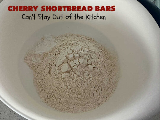 Cherry Shortbread Bars | Can't Stay Out of the Kitchen | These festive & beautiful #cookies are perfect for the #holidays. Whether a #ChristmasCookieExchange, #tailgating or office party, or #potluck, this #CherryDessert is fantastic & will be much enjoyed by all your family & friends. Great for #Thanksgiving, #Christmas or #NewYearsDay. #dessert #CherryPreserves #CherryShortbreadBars