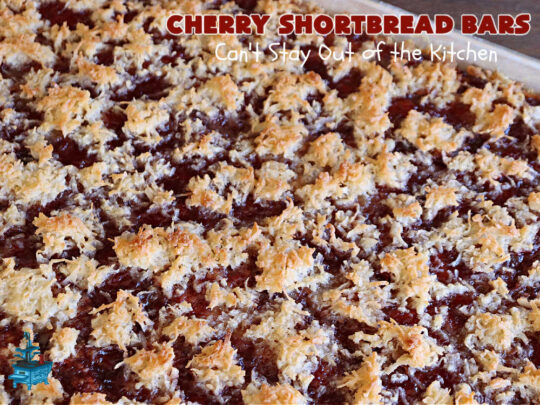 Cherry Shortbread Bars | Can't Stay Out of the Kitchen | These festive & beautiful #cookies are perfect for the #holidays. Whether a #ChristmasCookieExchange, #tailgating or office party, or #potluck, this #CherryDessert is fantastic & will be much enjoyed by all your family & friends. Great for #Thanksgiving, #Christmas or #NewYearsDay. #dessert #CherryPreserves #CherryShortbreadBars