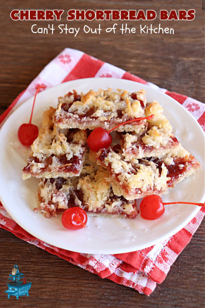 Cherry Shortbread Bars | Can't Stay Out of the Kitchen | These festive & beautiful #cookies are perfect for the #holidays. Whether a #ChristmasCookieExchange, #tailgating or office party, or #potluck, this #CherryDessert is fantastic & will be much enjoyed by all your family & friends. Great for #Thanksgiving, #Christmas or #NewYearsDay. #dessert #CherryPreserves #CherryShortbreadBars
