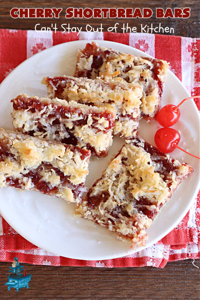 Cherry Shortbread Bars | Can't Stay Out of the Kitchen | These festive & beautiful #cookies are perfect for the #holidays. Whether a #ChristmasCookieExchange, #tailgating or office party, or #potluck, this #CherryDessert is fantastic & will be much enjoyed by all your family & friends. Great for #Thanksgiving, #Christmas or #NewYearsDay. #dessert #CherryPreserves #CherryShortbreadBars