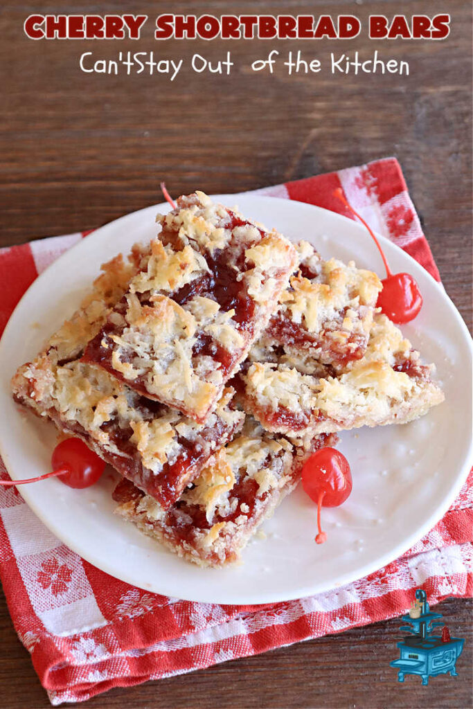 Cherry Shortbread Bars | Can't Stay Out of the Kitchen | These festive & beautiful #cookies are perfect for the #holidays. Whether a #ChristmasCookieExchange, #tailgating or office party, or #potluck, this #CherryDessert is fantastic & will be much enjoyed by all your family & friends. Great for #Thanksgiving, #Christmas or #NewYearsDay. #dessert #CherryPreserves #CherryShortbreadBars
