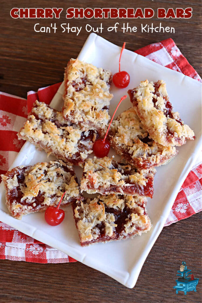 Cherry Shortbread Bars | Can't Stay Out of the Kitchen | These festive & beautiful #cookies are perfect for the #holidays. Whether a #ChristmasCookieExchange, #tailgating or office party, or #potluck, this #CherryDessert is fantastic & will be much enjoyed by all your family & friends. Great for #Thanksgiving, #Christmas or #NewYearsDay. #dessert #CherryPreserves #CherryShortbreadBars