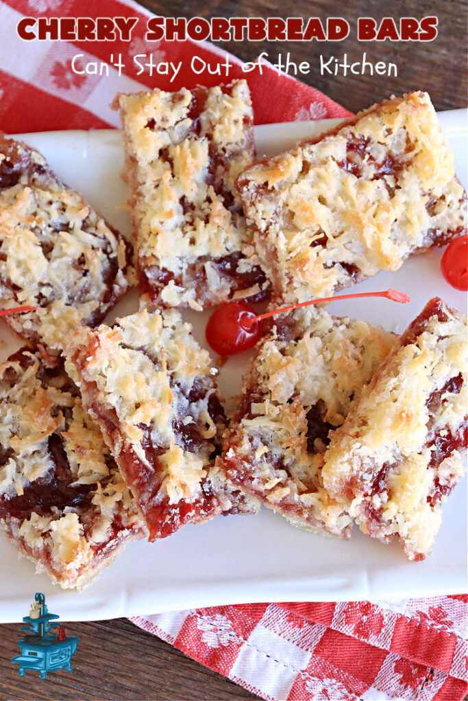 Cherry Shortbread Bars | Can't Stay Out of the Kitchen | These festive & beautiful #cookies are perfect for the #holidays. Whether a #ChristmasCookieExchange, #tailgating or office party, or #potluck, this #CherryDessert is fantastic & will be much enjoyed by all your family & friends. Great for #Thanksgiving, #Christmas or #NewYearsDay. #dessert #CherryPreserves #CherryShortbreadBars