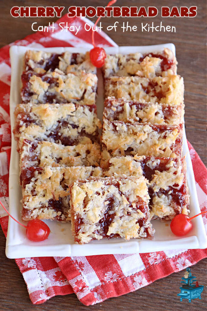 Cherry Shortbread Bars | Can't Stay Out of the Kitchen | These festive & beautiful #cookies are perfect for the #holidays. Whether a #ChristmasCookieExchange, #tailgating or office party, or #potluck, this #CherryDessert is fantastic & will be much enjoyed by all your family & friends. Great for #Thanksgiving, #Christmas or #NewYearsDay. #dessert #CherryPreserves #CherryShortbreadBars