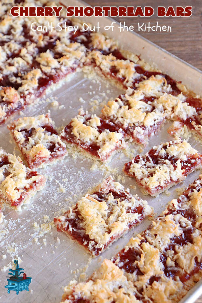 Cherry Shortbread Bars | Can't Stay Out of the Kitchen | These festive & beautiful #cookies are perfect for the #holidays. Whether a #ChristmasCookieExchange, #tailgating or office party, or #potluck, this #CherryDessert is fantastic & will be much enjoyed by all your family & friends. Great for #Thanksgiving, #Christmas or #NewYearsDay. #dessert #CherryPreserves #CherryShortbreadBars
