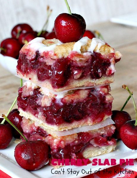 Cherry Slab Pie | Can't Stay Out of the Kitchen | this irresistible #pie is outrageously delicious. It's terrific to serve in the #summer when #FreshCherries are in season. We like it for #Tailgating parties, potlucks, Family Reunions or backyard BBQs. #dessert #CherryDessert #CherrySlabPie #Holiday #cherries #HolidayDessert #FourthOfJulyDessert #NWCherries #NorthwestCherryGrowers #Canbassador #FavoriteCherryPie