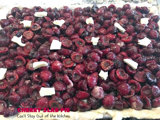 Cherry Slab Pie | Can't Stay Out of the Kitchen | this irresistible #pie is outrageously delicious. It's terrific to serve in the #summer when #FreshCherries are in season. We like it for #Tailgating parties, potlucks, Family Reunions or backyard BBQs. #dessert #CherryDessert #CherrySlabPie #Holiday #cherries #HolidayDessert #FourthOfJulyDessert #NWCherries #NorthwestCherryGrowers #Canbassador #FavoriteCherryPie #CherryPie