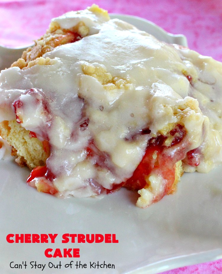 Cherry Strudel Cake | Can't Stay Out of the Kitchen | this rich, decadent #cake is absolutely divine! It's perfect for either a #holiday #breakfast or for #dessert. It uses #CherryPieFilling in the middle, a streusel topping & icing with #almond extract. Tastes like eating #CherryStrudel but so much easier! #coffeecake #CherryCoffeecake #CherryCake #Brunch #HolidayBreakfast #CherryDessert #CherryStrudelCake