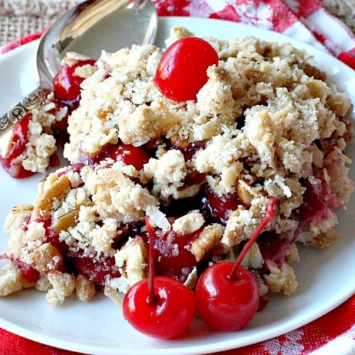 Cherry Surprise | Can't Stay Out of the Kitchen | this fabulous #dessert is made with #cherrypiefilling #coconut and #pecans in a lovely #oatmeal crust. This makes a great #cobbler for #holidays and #Valentine'sDay.