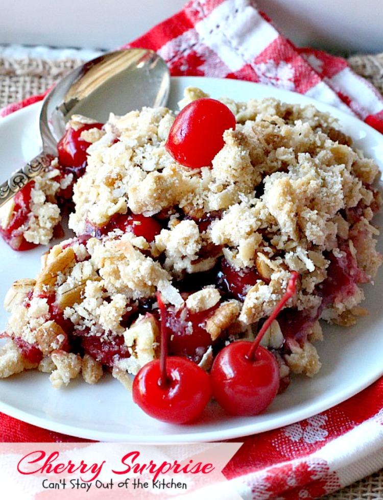Cherry Surprise | Can't Stay Out of the Kitchen | this fabulous #dessert is made with #cherrypiefilling #coconut and #pecans in a lovely #oatmeal crust. This makes a great #cobbler for #holidays and #Valentine'sDay.