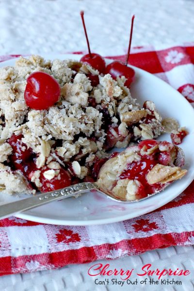 Cherry Surprise | Can't Stay Out of the Kitchen | this fabulous #dessert is made with #cherrypiefilling #coconut and #pecans in a lovely #oatmeal crust. This makes a great #cobbler for #holidays and #Valentine'sDay.