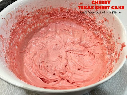 Cherry Texas Sheet Cake | Can't Stay Out of the Kitchen | this luscious #cake will knock your socks off! This mouthwatering #recipe will feed a crowd so it's great for #holidays or company. The #CreamCheese icing is wonderful. #dessert #HolidayDessert #CherryDessert #TexasSheetCake #CherryTexasSheetCake