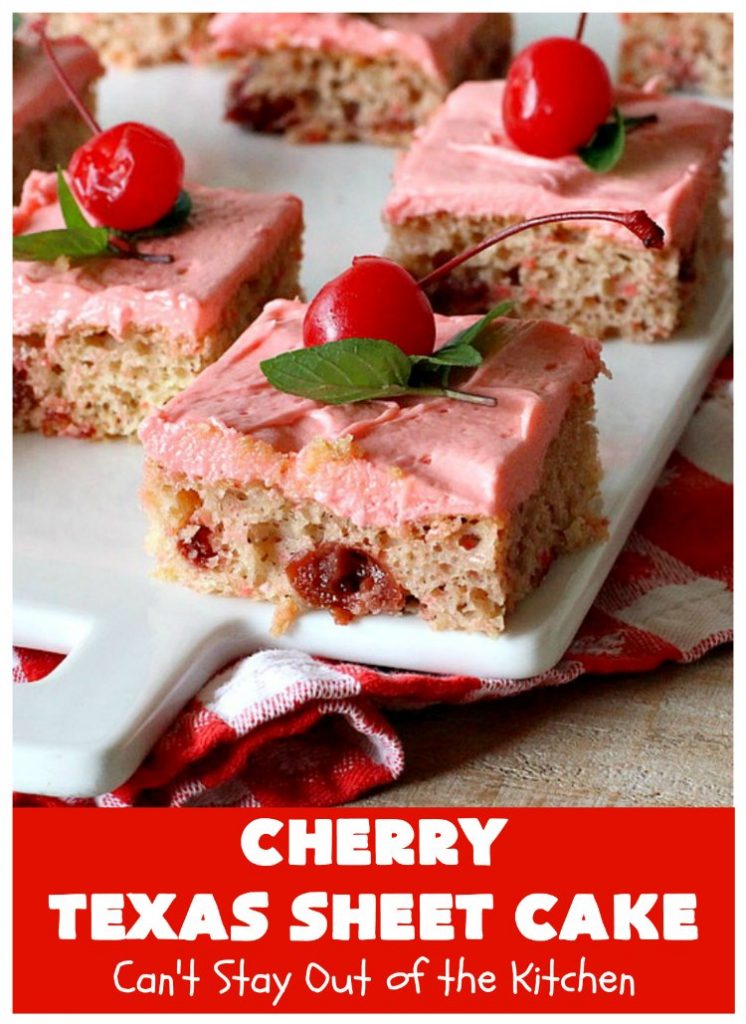 Cherry Texas Sheet Cake | Can't Stay Out of the Kitchen | this luscious #cake will knock your socks off! This mouthwatering #recipe will feed a crowd so it's great for #holidays or company. The #CreamCheese icing is wonderful. #dessert #HolidayDessert #CherryDessert #TexasSheetCake #CherryTexasSheetCake
