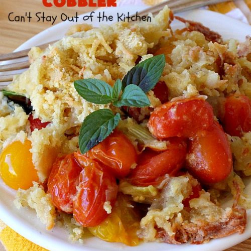 Cherry Tomato Cobbler | Can't Stay Out of the Kitchen | this delicious #casserole #recipe is made with cherry & sunburst #tomatoes. The #cobbler topping includes a six-cheese #Italian blend so this dish is very sumptuous and savory. Terrific #SideDish for #holidays like #Thanksgiving or #Christmas. I made the dish #GlutenFree & it was a hit with everyone! #CherryTomatoCobbler