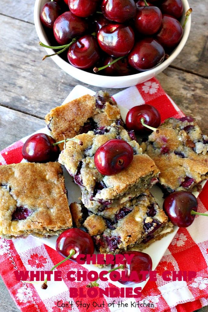 Cherry White Chocolate Chip Blondies | Can't Stay Out of the Kitchen | these fantastic #brownies will have you drooling after the first bite. They're filled with white #chocolate chips & fresh #cherries & they're absolutely awesome! #cookie #dessert #cherrydessert #Canbassador #NorthwestCherryGrowers