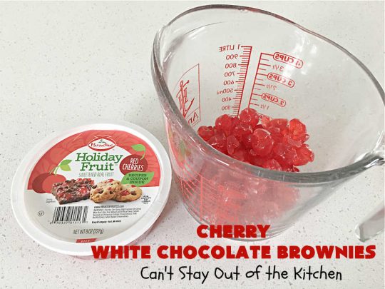 Cherry White Chocolate Brownies | Can't Stay Out of the Kitchen | these lovely #brownies rock! They're filled with #CandiedCherries, #pecans, #coconut & #WhiteChocolateChips. Every bite is rich, decadent and heavenly. #ParadiseFruitCompany #CherryDessert #WhiteChocolateDessert #holiday #HolidayDessert #ChristmasCookie #ChristmasCookieExchange #CherryWhiteChocolateBrownies