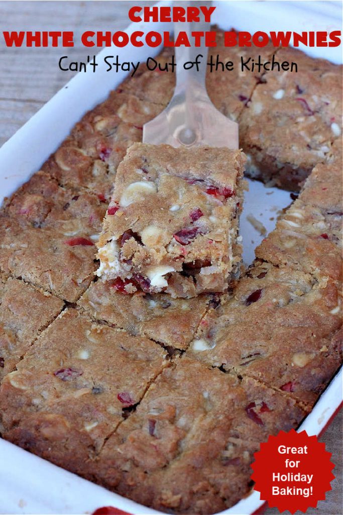 Cherry White Chocolate Brownies | Can't Stay Out of the Kitchen | these lovely #brownies rock! They're filled with #CandiedCherries, #pecans, #coconut & #WhiteChocolateChips. Every bite is rich, decadent and heavenly. #ParadiseFruitCompany #CherryDessert #WhiteChocolateDessert #holiday #HolidayDessert #ChristmasCookie #ChristmasCookieExchange #CherryWhiteChocolateBrownies