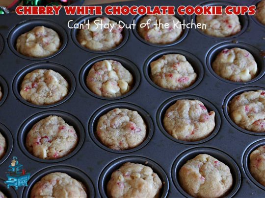 Cherry White Chocolate Cookie Cups | Can't Stay Out of the Kitchen | these fantastic #CookieCups are baked in miniature #muffin tins & are so scrumptious you'll be drooling over every bite. They're sure to cure any sweet tooth craving as they're rich, decadent & heavenly. Perfect for #holiday #baking, a #ChristmasCookieExchange or #tailgating party. #CandiedCherries #WhiteChocolateChips #chocolate #cookies #dessert #CherryDessert #HolidayDessert #CherryWhiteChocolateCookieCups