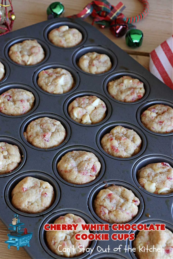 Cherry White Chocolate Cookie Cups | Can't Stay Out of the Kitchen | these fantastic #CookieCups are baked in miniature #muffin tins & are so scrumptious you'll be drooling over every bite. They're sure to cure any sweet tooth craving as they're rich, decadent & heavenly. Perfect for #holiday #baking, a #ChristmasCookieExchange or #tailgating party. #CandiedCherries #WhiteChocolateChips #chocolate #cookies #dessert #CherryDessert #HolidayDessert #CherryWhiteChocolateCookieCups