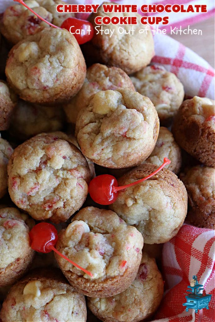 Cherry White Chocolate Cookie Cups | Can't Stay Out of the Kitchen | these fantastic #CookieCups are baked in miniature #muffin tins & are so scrumptious you'll be drooling over every bite. They're sure to cure any sweet tooth craving as they're rich, decadent & heavenly. Perfect for #holiday #baking, a #ChristmasCookieExchange or #tailgating party. #CandiedCherries #WhiteChocolateChips #chocolate #cookies #dessert #CherryDessert #HolidayDessert #CherryWhiteChocolateCookieCups