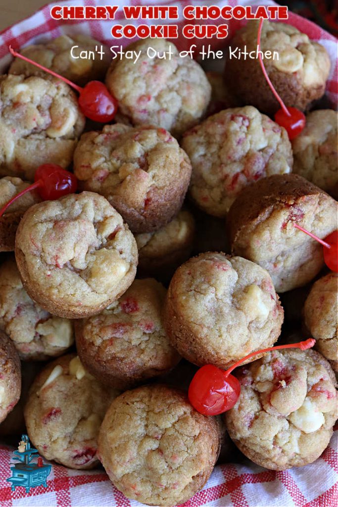 Cherry White Chocolate Cookie Cups | Can't Stay Out of the Kitchen | these fantastic #CookieCups are baked in miniature #muffin tins & are so scrumptious you'll be drooling over every bite. They're sure to cure any sweet tooth craving as they're rich, decadent & heavenly. Perfect for #holiday #baking, a #ChristmasCookieExchange or #tailgating party. #CandiedCherries #WhiteChocolateChips #chocolate #cookies #dessert #CherryDessert #HolidayDessert #CherryWhiteChocolateCookieCups