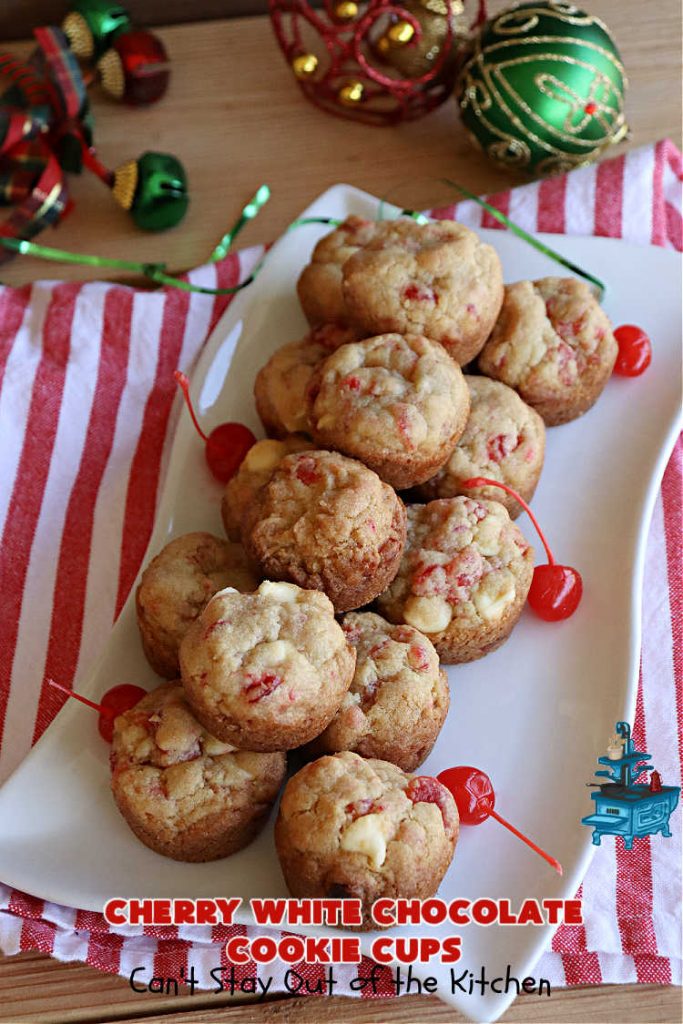 Cherry White Chocolate Cookie Cups | Can't Stay Out of the Kitchen | these fantastic #CookieCups are baked in miniature #muffin tins & are so scrumptious you'll be drooling over every bite. They're sure to cure any sweet tooth craving as they're rich, decadent & heavenly. Perfect for #holiday #baking, a #ChristmasCookieExchange or #tailgating party. #CandiedCherries #WhiteChocolateChips #chocolate #cookies #dessert #CherryDessert #HolidayDessert #CherryWhiteChocolateCookieCups