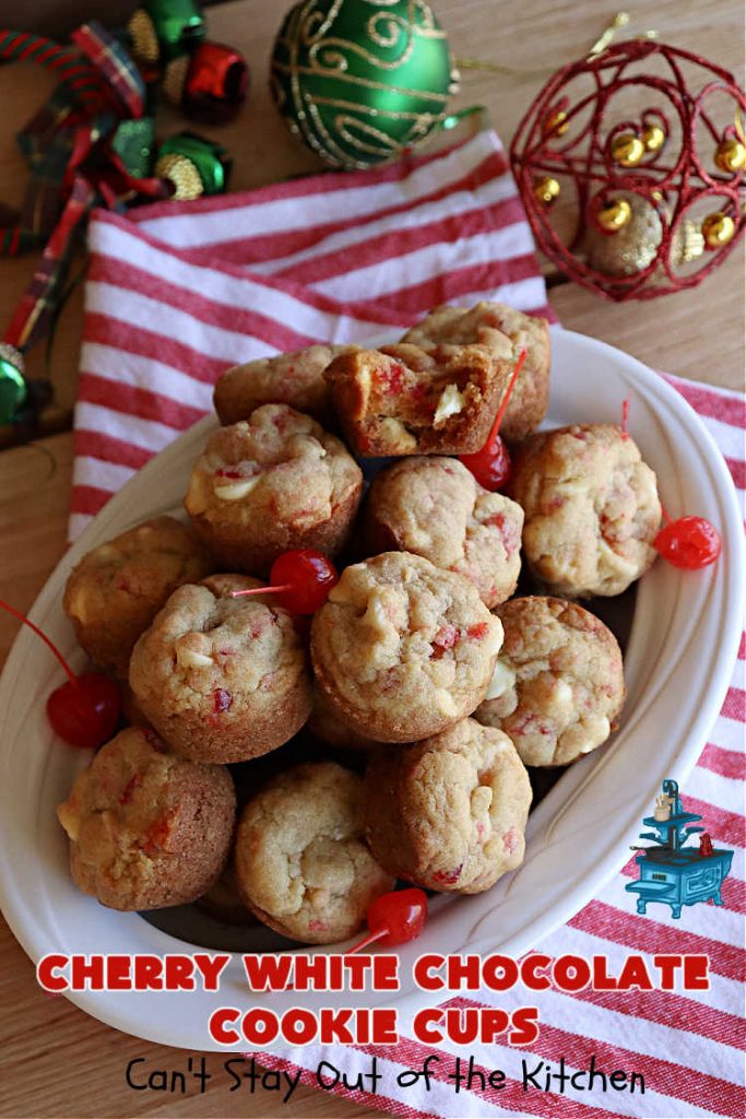 Cherry White Chocolate Cookie Cups | Can't Stay Out of the Kitchen | these fantastic #CookieCups are baked in miniature #muffin tins & are so scrumptious you'll be drooling over every bite. They're sure to cure any sweet tooth craving as they're rich, decadent & heavenly. Perfect for #holiday #baking, a #ChristmasCookieExchange or #tailgating party. #CandiedCherries #WhiteChocolateChips #chocolate #cookies #dessert #CherryDessert #HolidayDessert #CherryWhiteChocolateCookieCups