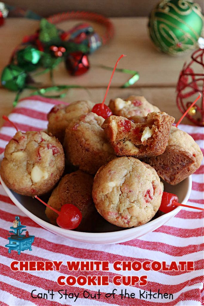 Cherry White Chocolate Cookie Cups | Can't Stay Out of the Kitchen | these fantastic #CookieCups are baked in miniature #muffin tins & are so scrumptious you'll be drooling over every bite. They're sure to cure any sweet tooth craving as they're rich, decadent & heavenly. Perfect for #holiday #baking, a #ChristmasCookieExchange or #tailgating party. #CandiedCherries #WhiteChocolateChips #chocolate #cookies #dessert #CherryDessert #HolidayDessert #CherryWhiteChocolateCookieCups