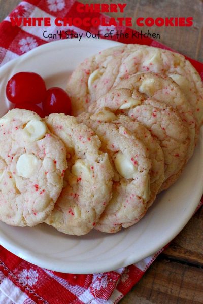 Cherry White Chocolate Cookies | Can't Stay Out of the Kitchen | these luscious #cookies only use 4 ingredients! They start with a #CherryChipCakeMix so they're incredibly easy. This irresistible #dessert is great for #tailgating, potlucks or special occasions like #ValentinesDay, a #ChristmasCookieExchange or #FourthOfJuly when red is the theme. #Chocolate #recipe #WhiteChocolateChips #ChocolateDessert #HolidayDessert #CherryDessert #CherryWhiteChocolateCookies