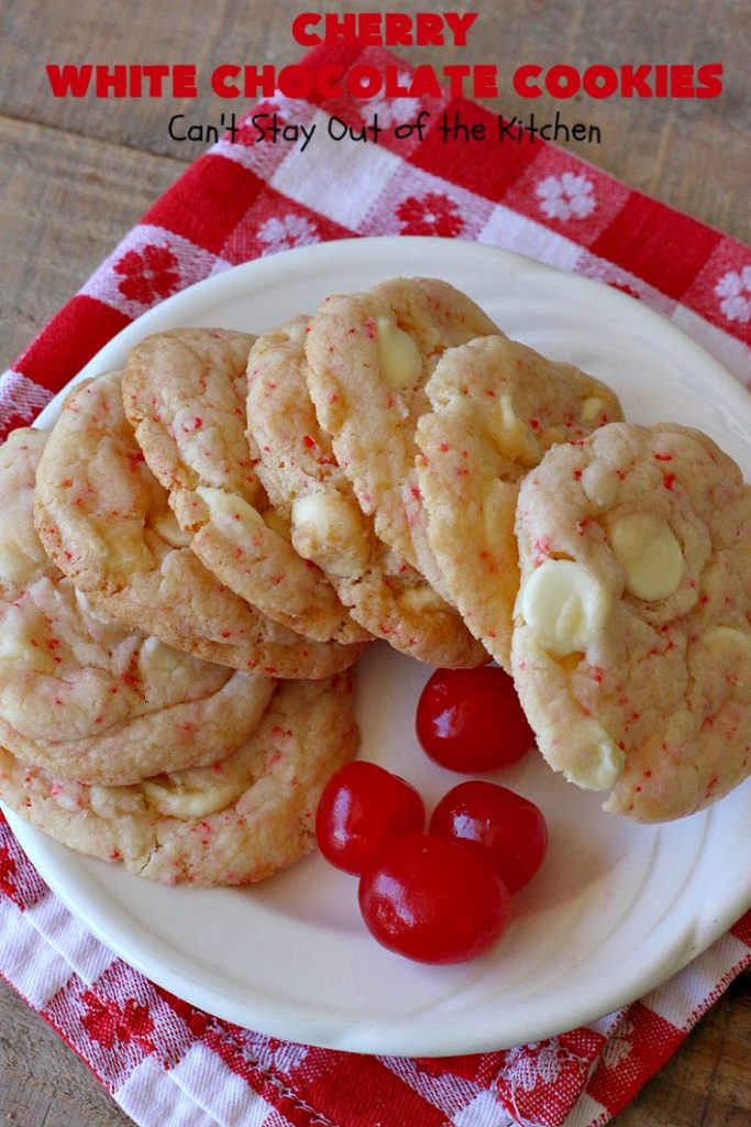 Cherry White Chocolate Cookies | Can't Stay Out of the Kitchen | these luscious #cookies only use 4 ingredients! They start with a #CherryChipCakeMix so they're incredibly easy. This irresistible #dessert is great for #tailgating, potlucks or special occasions like #ValentinesDay, a #ChristmasCookieExchange or #FourthOfJuly when red is the theme. #Chocolate #recipe #WhiteChocolateChips #ChocolateDessert #HolidayDessert #CherryDessert #CherryWhiteChocolateCookies
