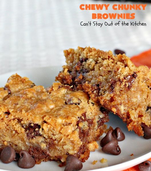 Chewy Chunky Brownies | Can't Stay Out of the Kitchen | these spectacular #brownies include #ChocolateChips #HeathEnglishToffeeBits, #coconut & #walnuts. They are ooey, gooey & so heavenly. Perfect for #tailgating, potlucks, backyard BBQs & summer #holiday fun like #FourthOfJuly & #LaborDay. #dessert #ChocolateDessert #cookie #chocolate #ToffeeDessert #ChewyChunkyBrownies #HolidayDessert