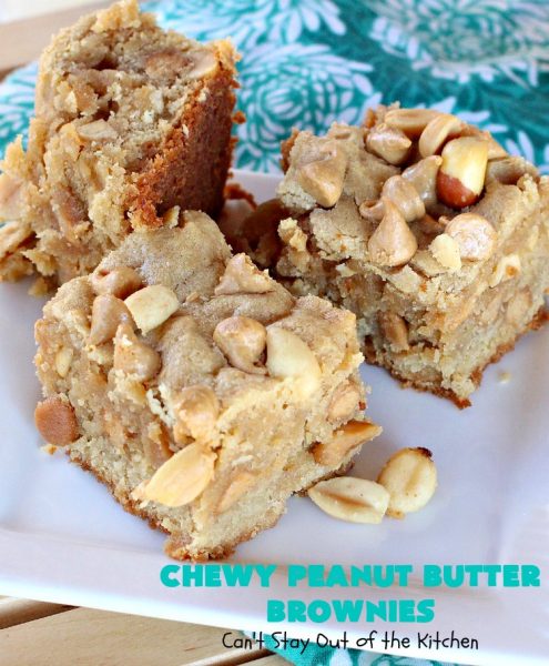 Chewy Peanut Butter Brownies | Can't Stay Out of the Kitchen | these are the best #Brownies ever! They have triple the #PeanutButter flavor with #Peanuts, #CrunchyPeanutButter & #ReesesPeanutButterChips. Every mouthful will knock your socks off! Great for potlucks, #tailgating parties, #FourthOfJuly or #LaborDay parties. #Reeses #dessert #PeanutButterDessert #PeanutButterBrownies #ChewyPeanutButterBrownies