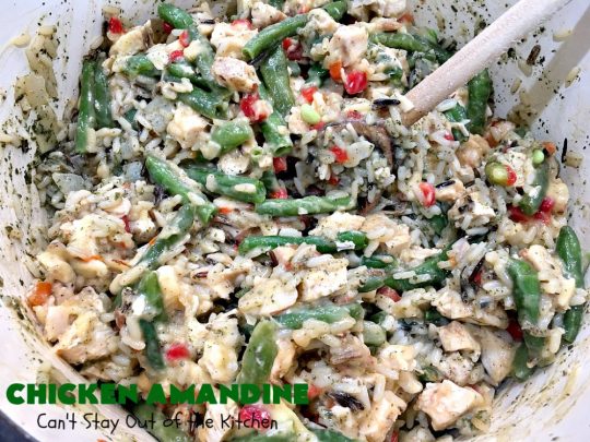 Chicken Amandine | Can't Stay Out of the Kitchen | fantastic dinner #casserole with #chicken, #rice #GreenBeans, #almonds & #bacon. A satisfying comfort food #recipe! #GlutenFree #ChickenAmandine