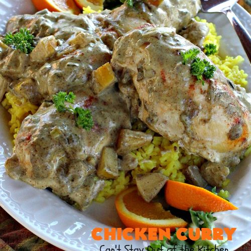 Chicken Curry | Can't Stay Out of the Kitchen | one of our favorite #chicken entrees. This one is made with a delicious #curry sauce with #apples & served over saffron-flavored rice. So succulent & amazing.