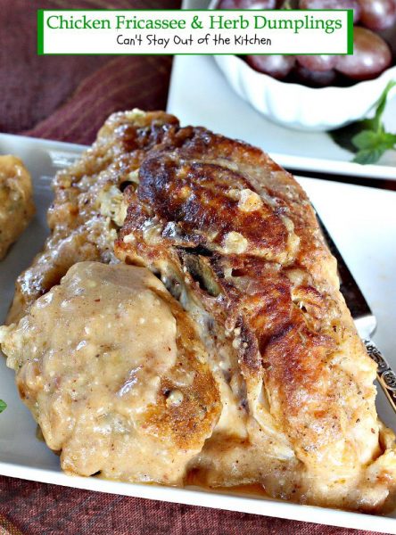 Chicken Fricassee and Herb Dumplings | Can't Stay Out of the Kitchen | amazing skillet #chicken dish and #gravy with homemade #dumplings. #glutenfree