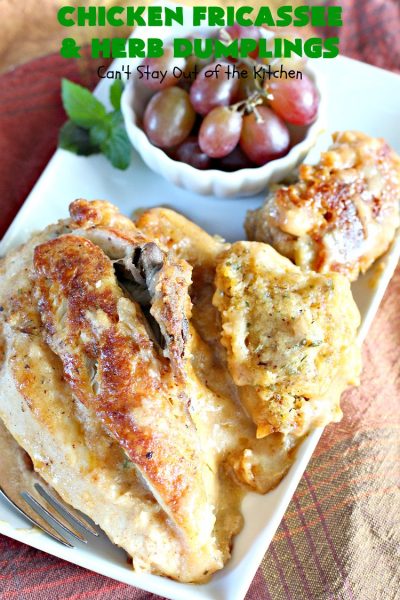 Chicken Fricassee and Herb Dumplings | Can't Stay Out of the Kitchen | this fantastic #chicken entree is southern comfort food at its best! It's like eating Grandma's home-style cooking. I used #glutenfree flour, but you can use any kind. #dumplings #chickenanddumplings