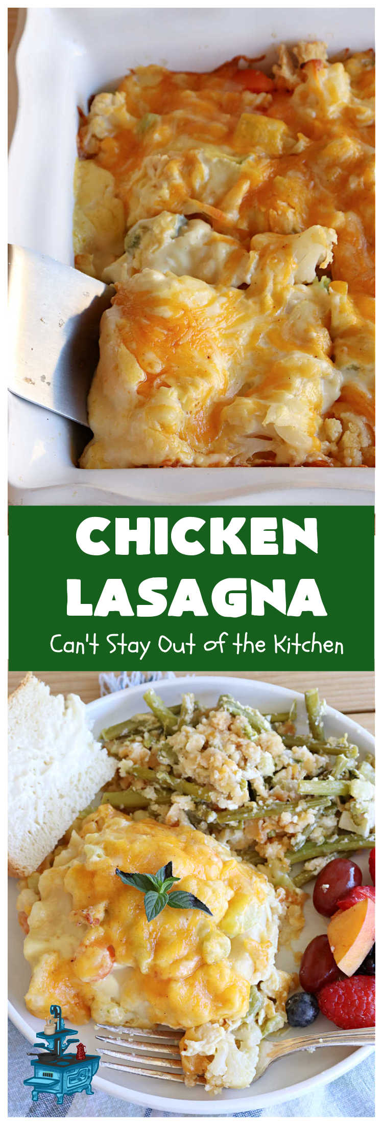 Chicken Lasagna | Can't Stay Out of the Kitchen | this extra cheesy #lasagna #recipe includes #chicken & a mixed #vegetable blend of #broccoli, #cauliflower & #carrots. The #cheese sauce includes #CreamOfChickenSoup! It's delightful for company dinners as everyone is sure to want seconds. #casserole #noodles #pasta #ChickenLasagna
