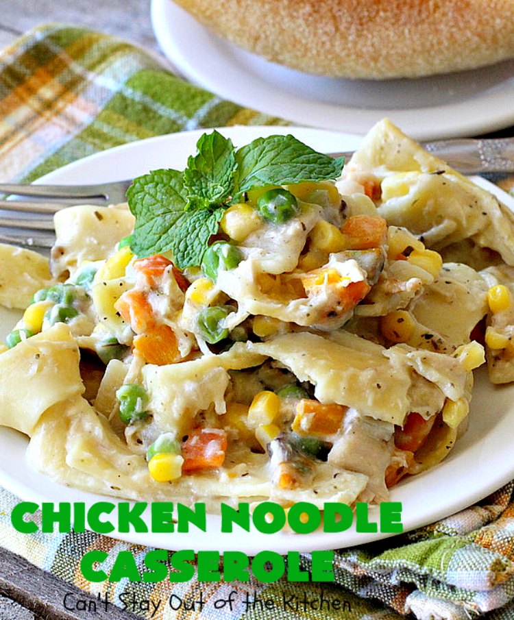 Chicken Noodle Casserole | Can't Stay Out of the Kitchen | this is one of the BEST #chickennoodlecasserole #recipes ever! It includes #Amish #noodles, #corn, #peas, #carrots & Cream of Mushroom soup. Amazing comfort food. #chicken #maindish #chickencasserole #casserole