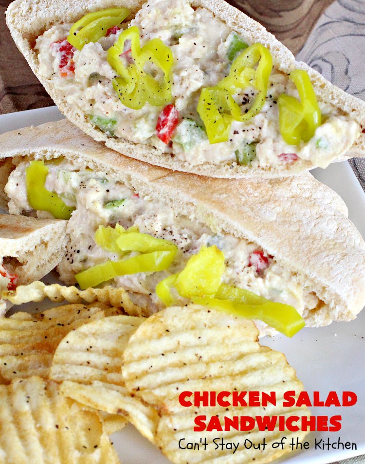 Chicken Salad Sandwiches | Can't Stay Out of the Kitchen | these fantastic #sandwiches are stuffed in #PitaPockets & garnished with mild pepper rings. Best #ChickenSalad ever! Every time we make these sandwiches they get rave reviews. #ChickenSaladSandwiches #Chicken #FavoriteChickenSaladRecipe