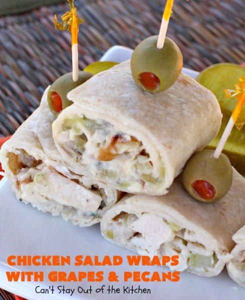Chicken Salad Wraps with Grapes and Pecans | Can't Stay Out of the Kitchen | these fantastic #wraps are some of the best #ChickenSaladWraps you'll ever eat. These are crunchy & delicious & include #pecans and #grapes. Terrific for #tailgating parties, potlucks, office lunches & quick weekend meals when you're busy attending your kid's soccer games. #Salad #ChickenSalad #sandwiches #tortillas #ChickenSaladWrapsWithGrapesAndPecans #ChickenSaladSandwiches