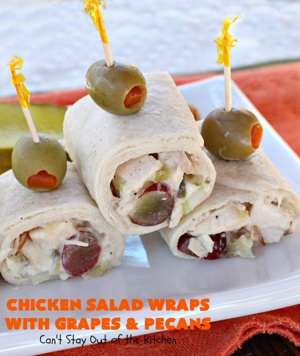 Chicken Salad Wraps with Grapes and Pecans | Can't Stay Out of the Kitchen | these fantastic #wraps are some of the best #ChickenSaladWraps you'll ever eat. These are crunchy & delicious & include #pecans and #grapes. Terrific for #tailgating parties, potlucks, office lunches & quick weekend meals when you're busy attending your kid's soccer games. #Salad #ChickenSalad #sandwiches #tortillas #ChickenSaladWrapsWithGrapesAndPecans #ChickenSaladSandwiches