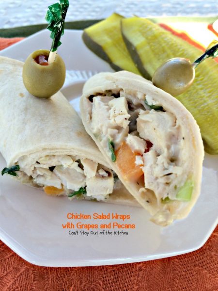 Chicken Salad Wraps with Grapes and Pecans | Can't Stay Out of the Kitchen | delicious and crunchy #appetizer or #sandwich. Great way to serve #chickensalad. #chicken #grapes #pecans