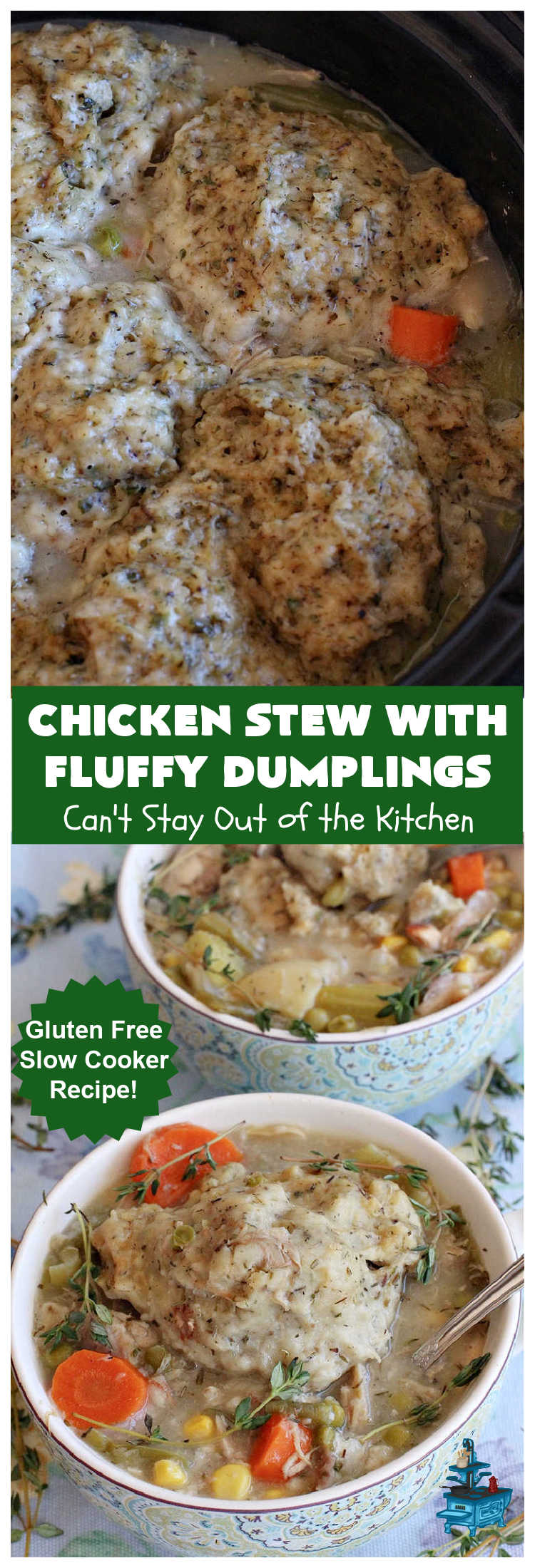 Chicken Stew With Fluffy Dumplings | Can't Stay Out of the Kitchen | this heartening #OneDishMeal is so comforting & rewarding. The #FluffyDumplings are light & airy rather than dense & heavy. They're seasoned with plenty of herbs to make them flavorful instead of being plain & tasteless. The comfort food #recipe  is excellent for family or company dinners & it's easier than many entrees since it's made in the #crockpot. We receive rave reviews every time we serve this excellent #entree. #chicken #ChickenStew #peas #dumplings #corn #GreenBeans #carrots #GlutenFree #ChickenStewWithFluffyDumplings